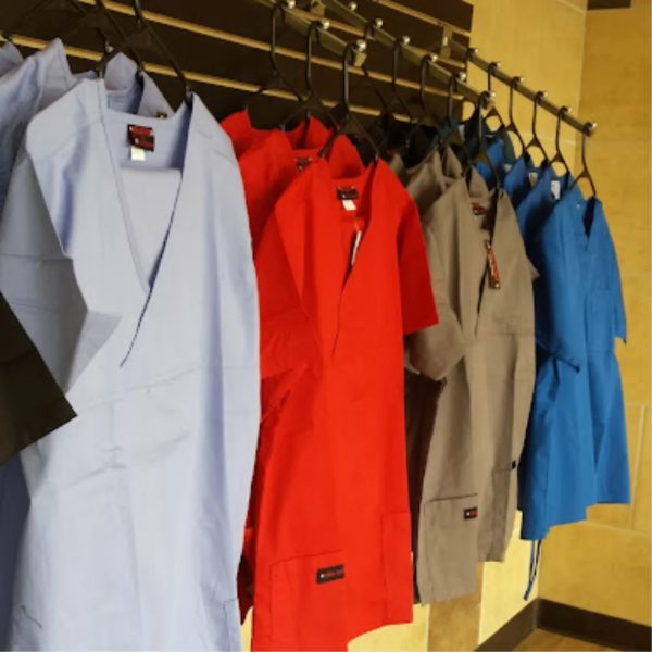 Medical scrubs in several colors on display at A & Z Medical Supplies